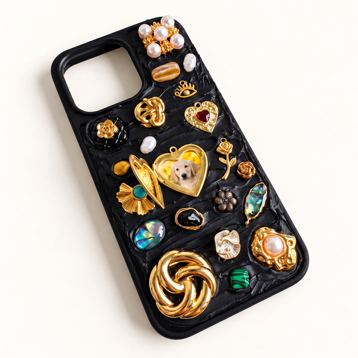 Midnight Locket — Black Decoden 3D Charm Custom Photo iPhone Case
