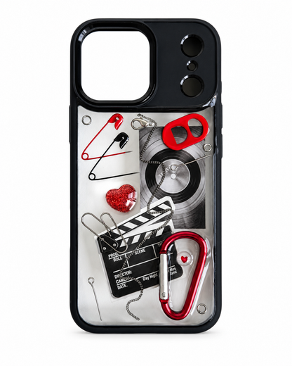 RED TAKE red vinyl metal chain 3D punk iPhone case — styled product view 3