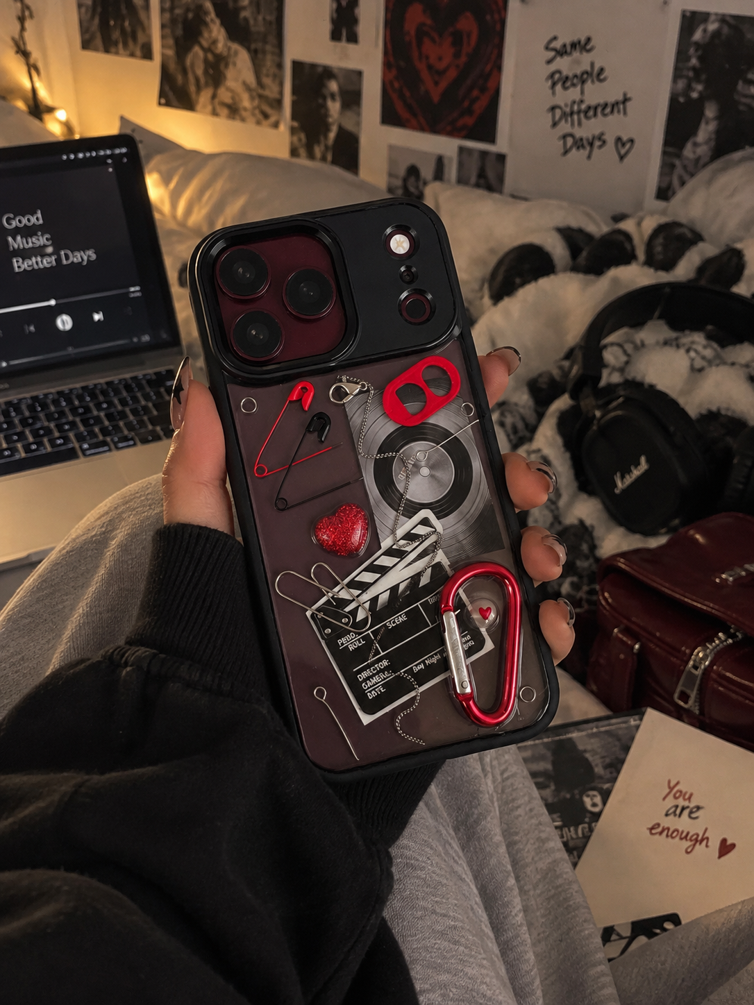 RED TAKE red vinyl metal chain 3D punk iPhone case — styled product view 1