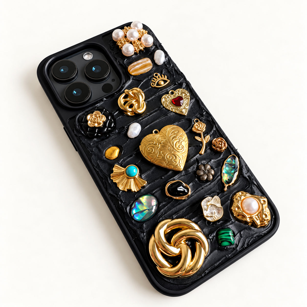Midnight Locket — Black Decoden 3D Charm Custom Photo iPhone Case