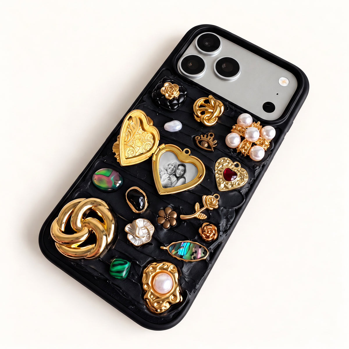 Midnight Locket — Black Decoden 3D Charm Custom Photo iPhone Case