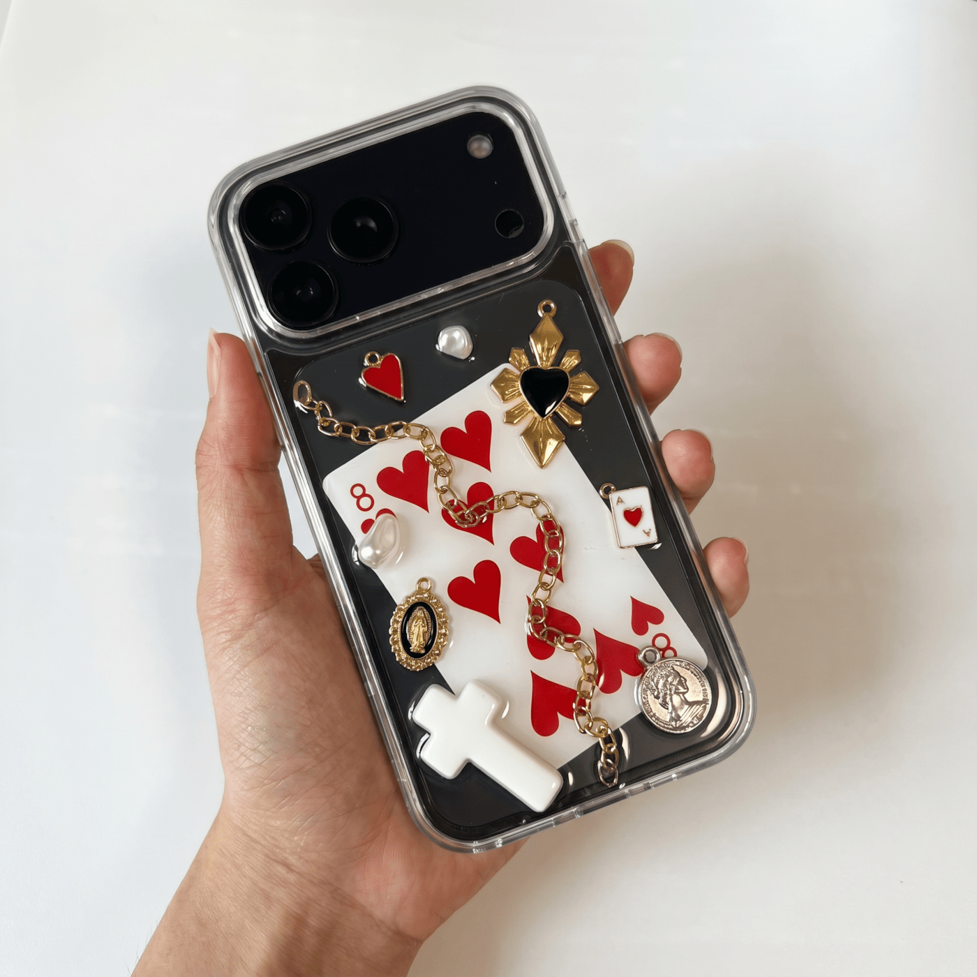 Eight of Hearts 3D charm chain iPhone case — product view 3