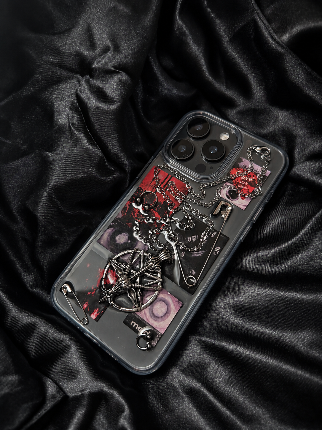 Midnight Relic black and red 3D gothic punk iPhone case on black satin