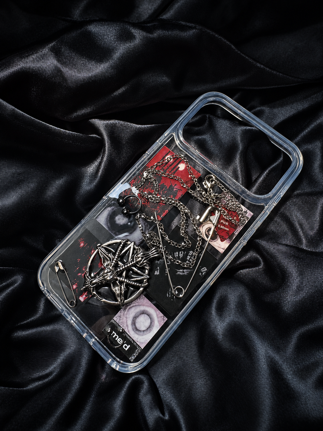 Midnight Relic clear TPU 3D punk iPhone case on black satin
