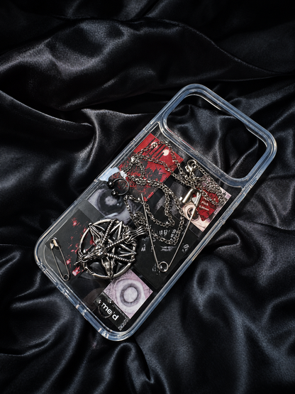 Midnight Relic clear TPU 3D punk iPhone case on black satin