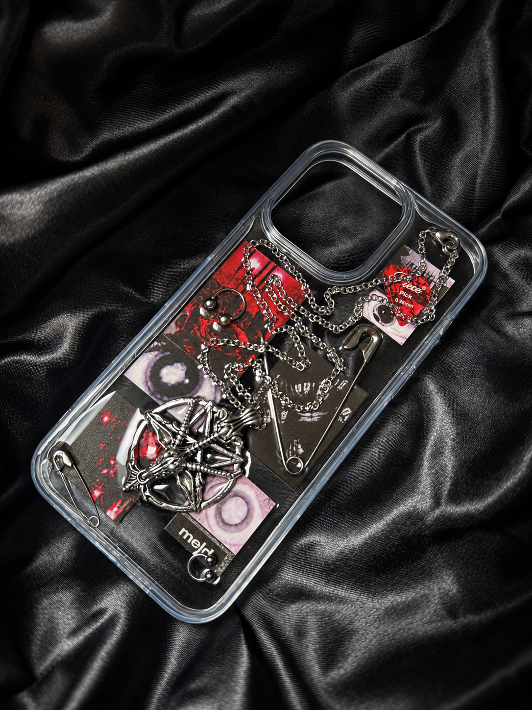 Full view of Midnight Relic handmade clear gothic punk iPhone case
